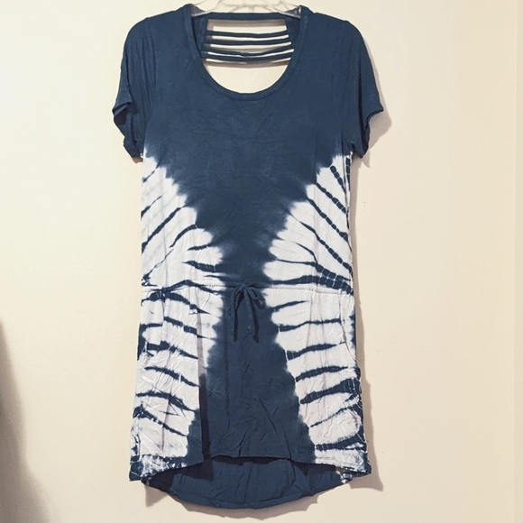 Chaser Cool Jersey S/S Strappy Drape Back Tie Dye White Blue Dress Medium - Picture 9 of 13